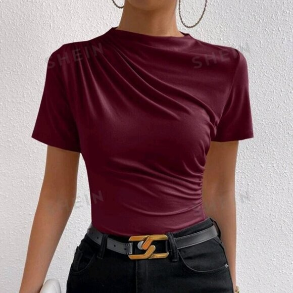 SHEIN Prive` Ruched Mock Neck Tee - Picture 5 of 7